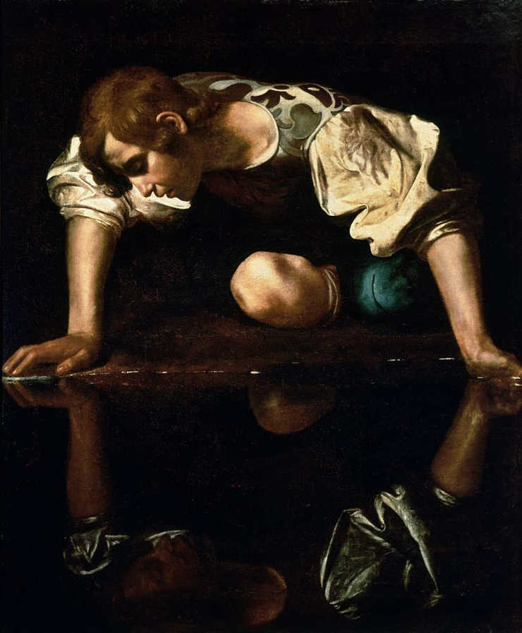 Narcissus as painted by the Italian Baroque master Caravaggio, circa 1597–1599.